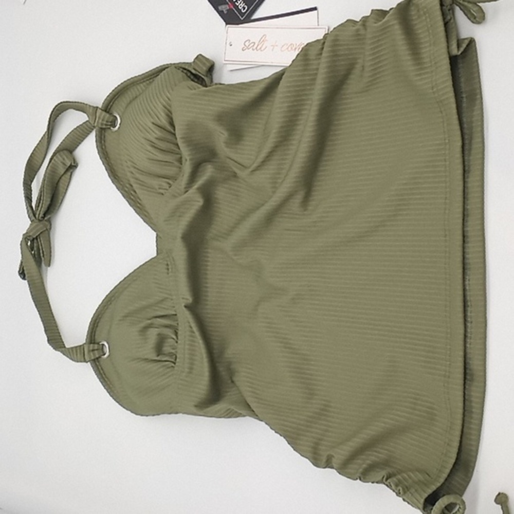 Salt + Cove‎ Ribbed Shirred Halter Tankini Top Olive Green M